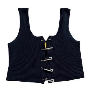 Black Ribbed Crop Tank with Oversized Rhinestone Pin Closures